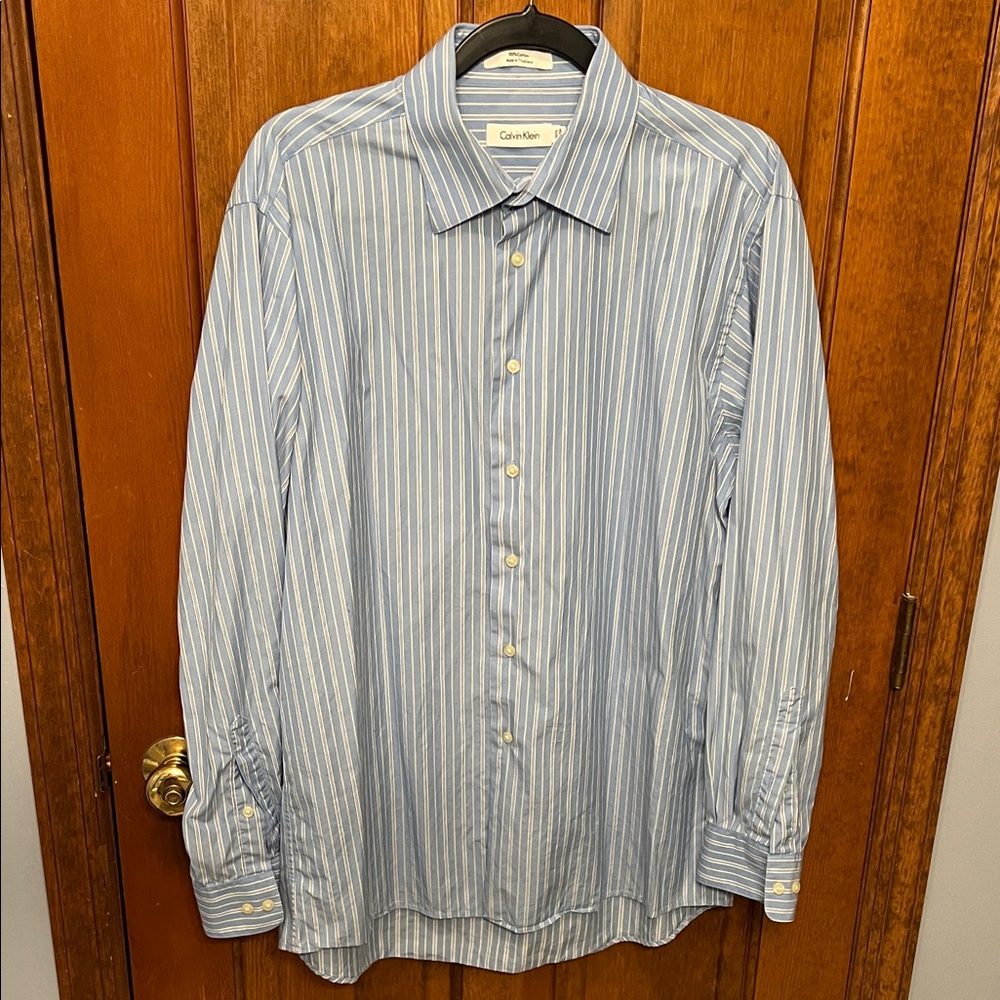 Calvin Klein Light Blue and White Vertical Stripe Dress Shirt